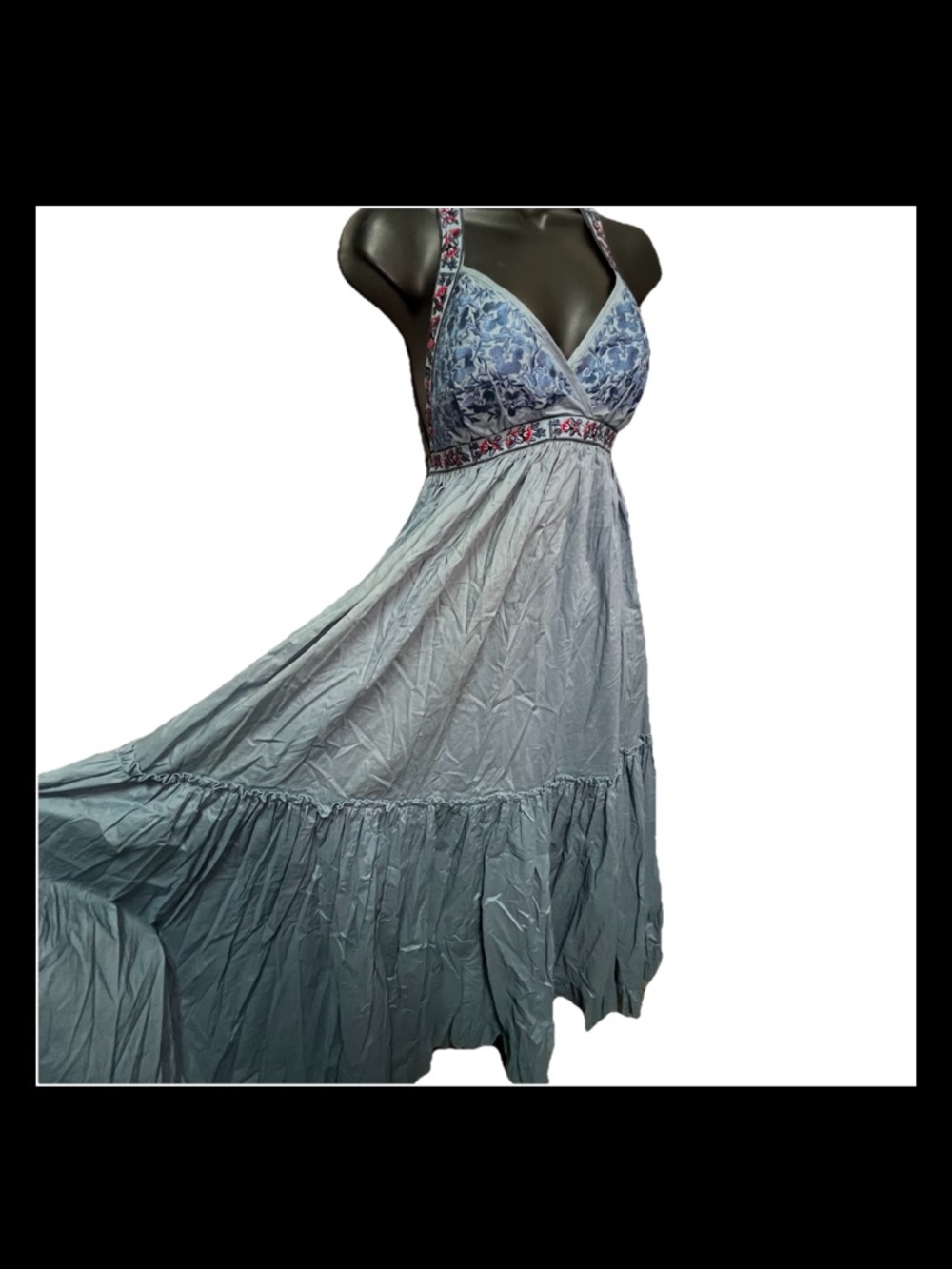 SOLD Moda International 100% Cotton Halter Maxi Dress Blue Embroidered Size S - Picture 2 of 6
